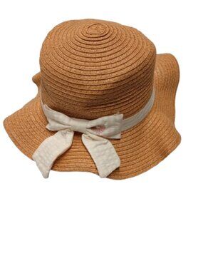 Happily Grey Girls Straw Sun Hat with White and Cream Bow One Size NWT